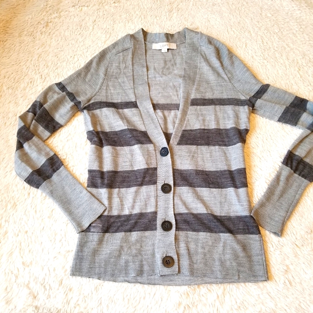 LOFT Lightweight Striped Gray Cardigan Sweater S